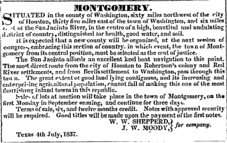 Montgomery, Texas Advertisement July 8, 1837